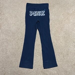 PINK Navy Flair Leggings with White Stripes and Lettering on Butt